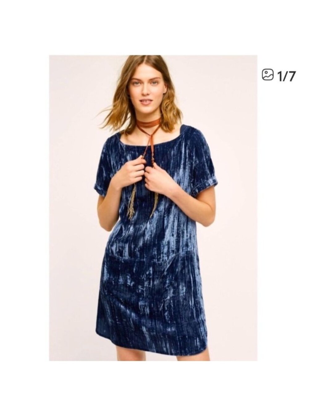 Anthropologie Floreat Dress Womens XS Blue Crinkled Velvet Chic Boho Mod Tunic